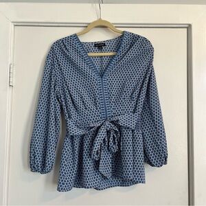 Max Edition women’s medium peplum top tie waist blouse puff sleeve blue orange